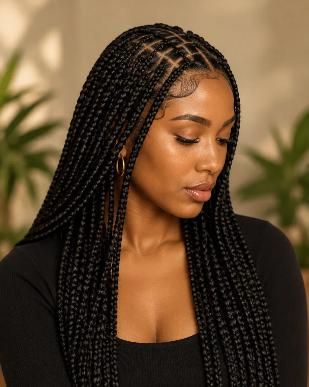 Long knotless box braids styled on a client