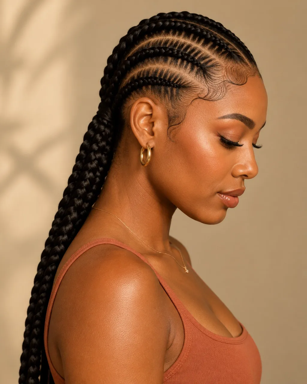Detailed feed-in cornrows with smooth, defined parts