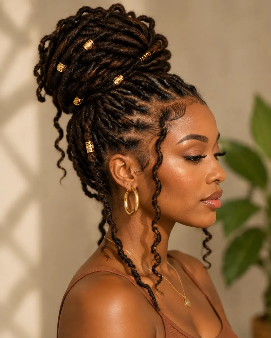 Locs gathered into an elegant updo